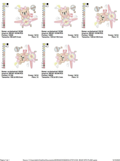 Bear with plane embroidery designs - Baby girl Bear Pilot machine embroidery pattern - Aviator Teddy Bear file - Instant digital download