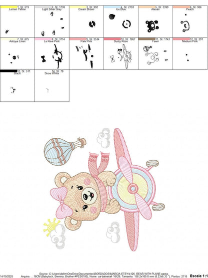 Bear with plane embroidery designs - Baby girl Bear Pilot machine embroidery pattern - Aviator Teddy Bear file - Instant digital download