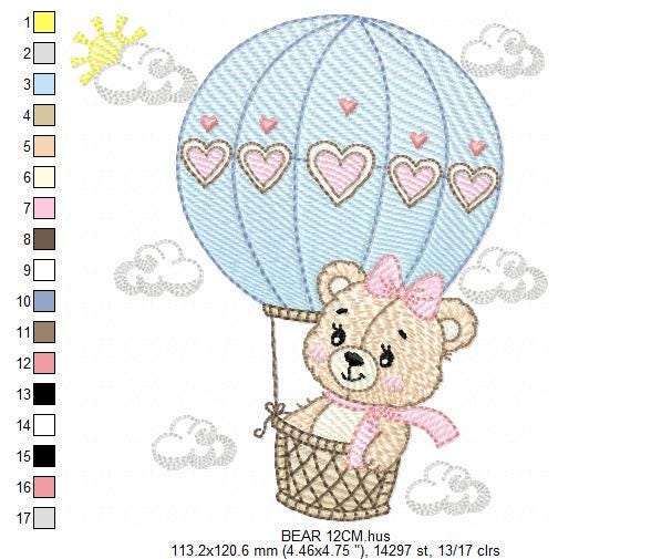 Bear with hot air balloon embroidery designs - Balloon with hearts and clouds machine embroidery pattern Baby girl file - Instant download