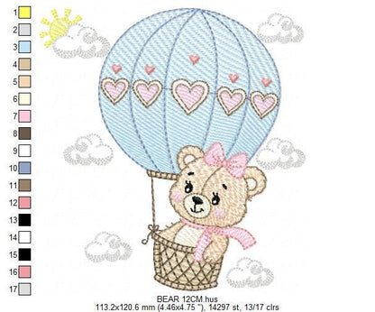 Bear with hot air balloon embroidery designs - Balloon with hearts and clouds machine embroidery pattern Baby girl file - Instant download