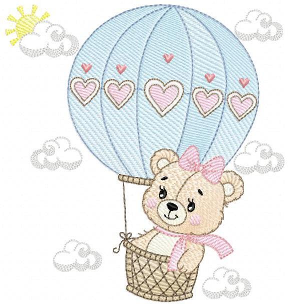 Bear with hot air balloon embroidery designs - Balloon with hearts and clouds machine embroidery pattern Baby girl file - Instant download