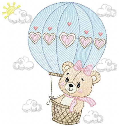 Bear with hot air balloon embroidery designs - Balloon with hearts and clouds machine embroidery pattern Baby girl file - Instant download