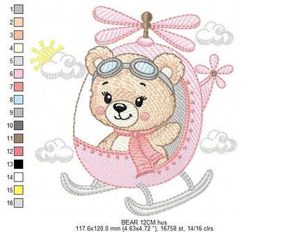 Helicopter embroidery designs - Chopper machine embroidery pattern - Baby Girl Bear file - Instant digital download pes jef dst hus vp3 xxx