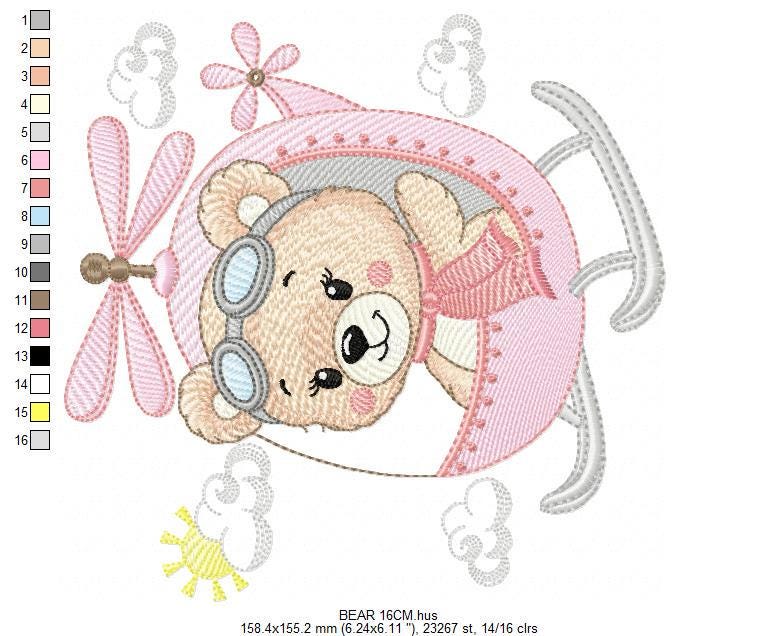 Helicopter embroidery designs - Chopper machine embroidery pattern - Baby Girl Bear file - Instant digital download pes jef dst hus vp3 xxx
