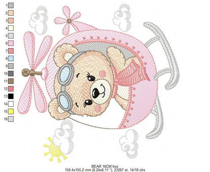 Helicopter embroidery designs - Chopper machine embroidery pattern - Baby Girl Bear file - Instant digital download pes jef dst hus vp3 xxx