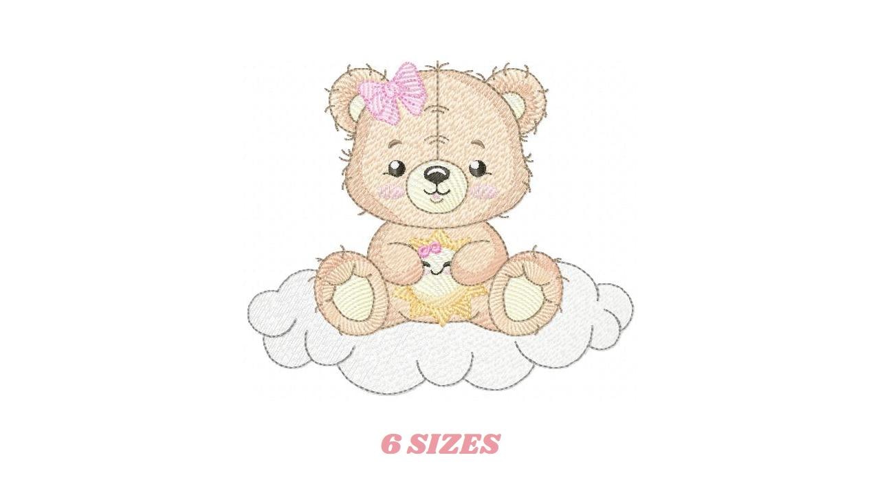 Female Bear embroidery designs - Baby girl Teddy with sun and cloud machine embroidery pattern - Instant digital download pes jef dst hus