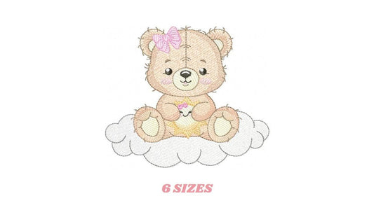 Female Bear embroidery designs - Baby girl Teddy with sun and cloud machine embroidery pattern - Instant digital download pes jef dst hus