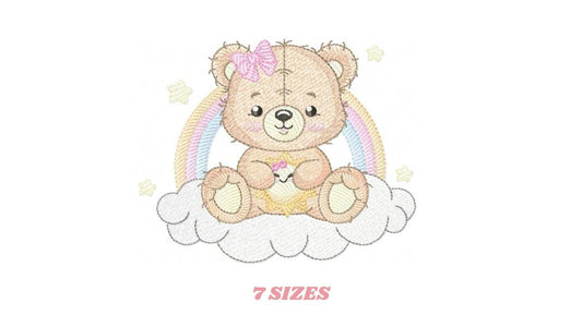 Baby Girl Bear embroidery designs - Bear with rainbow clouds and sun machine embroidery pattern - Instant digital download pes jef dst hus