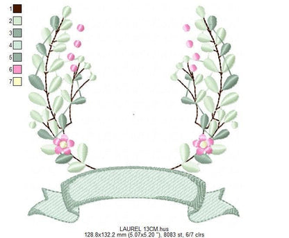 Frame with flowers embroidery designs - Monogram Floral Laurel Shape machine embroidery pattern - Baby girl - Instant digital download pes