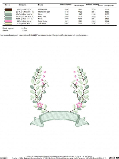 Frame with flowers embroidery designs - Monogram Floral Laurel Shape machine embroidery pattern - Baby girl - Instant digital download pes