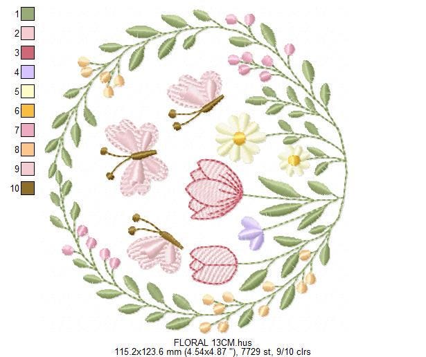 Flower Wreath embroidery designs - Floral Frame machine embroidery pattern - Kitchen Tea Towel file - Instant digital download pes jef dst