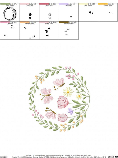 Flower Wreath embroidery designs - Floral Frame machine embroidery pattern - Kitchen Tea Towel file - Instant digital download pes jef dst