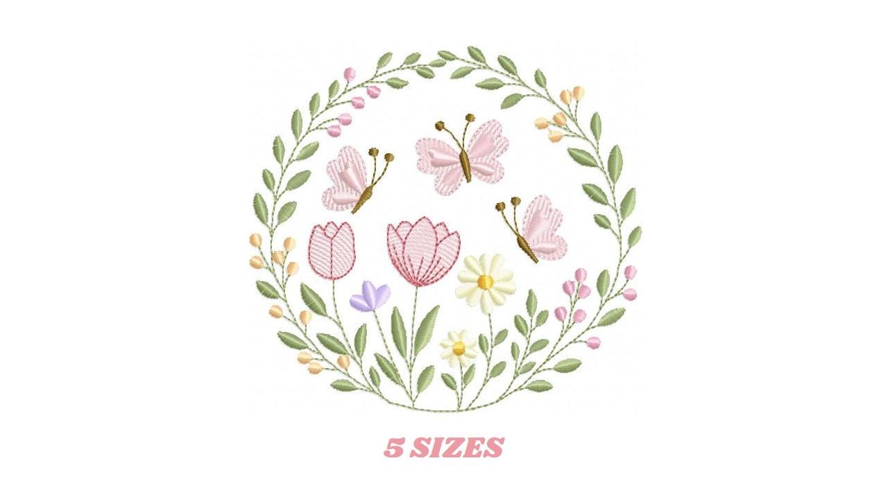 Flower Wreath embroidery designs - Floral Frame machine embroidery pattern - Kitchen Tea Towel file - Instant digital download pes jef dst