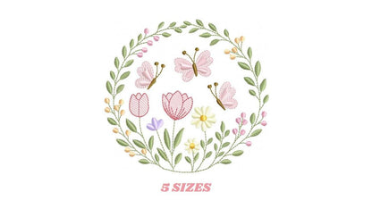 Flower Wreath embroidery designs - Floral Frame machine embroidery pattern - Kitchen Tea Towel file - Instant digital download pes jef dst