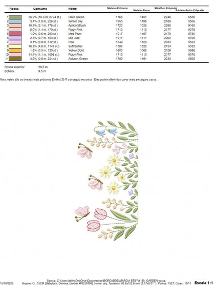 Flower garden embroidery design - Tulip flowers with butterflies machine embroidery pattern - Kitchen Tea towel divider - Instant download