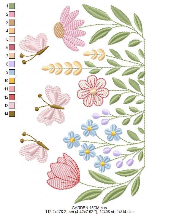 Flower garden embroidery design - Tulip flowers with butterflies machine embroidery pattern - Kitchen Tea towel divider - Instant download