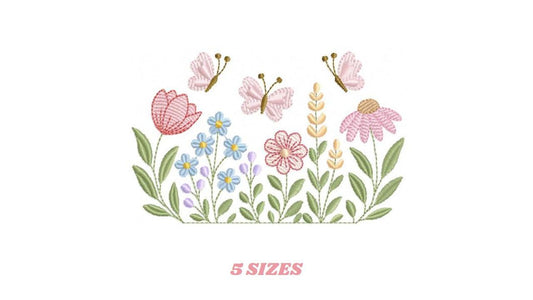 Flower garden embroidery design - Tulip flowers with butterflies machine embroidery pattern - Kitchen Tea towel divider - Instant download