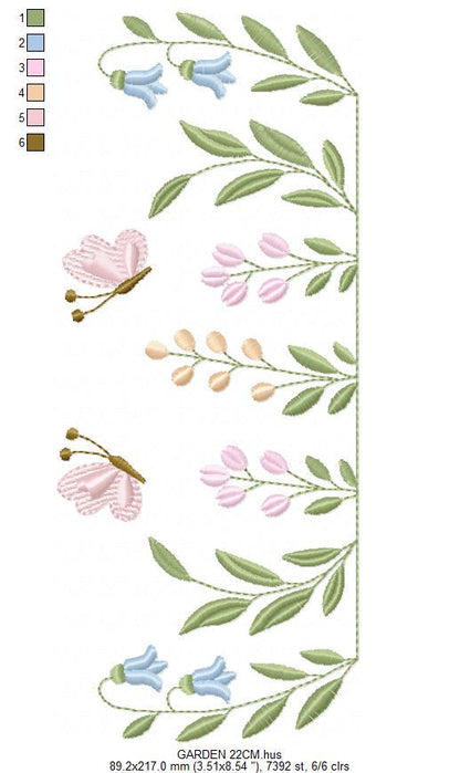 Flower garden embroidery design - Tulip flowers with butterflies machine embroidery pattern - Kitchen Tea towel divider - Instant download