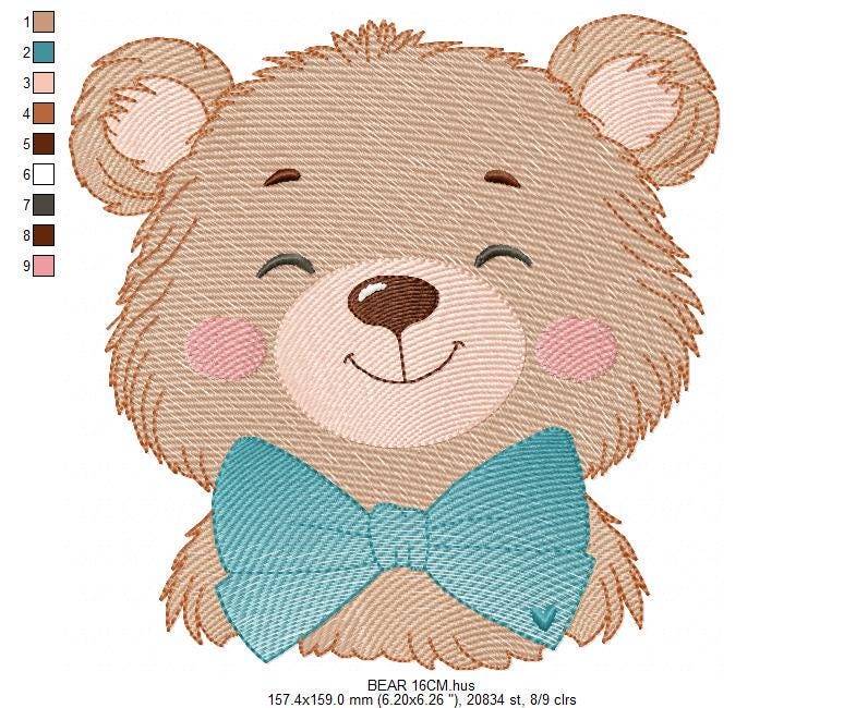 Teddy Bear embroidery designs - Happy Male bear with blue bow tie machine embroidery pattern - Baby boy children toy - Instant download pes