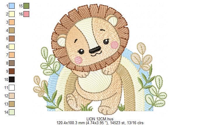 Lion embroidery designs - Safari wild animal machine embroidery pattern - Baby boy file - Rainbow and flowers - Instant digital download