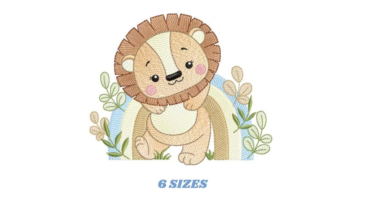 Lion embroidery designs - Safari wild animal machine embroidery pattern - Baby boy file - Rainbow and flowers - Instant digital download