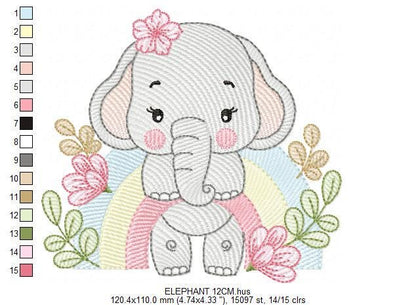 Elephant embroidery designs - Safari Wild Animal machine embroidery pattern - Baby Girl file - Flowers and rainbow - Instant download pes