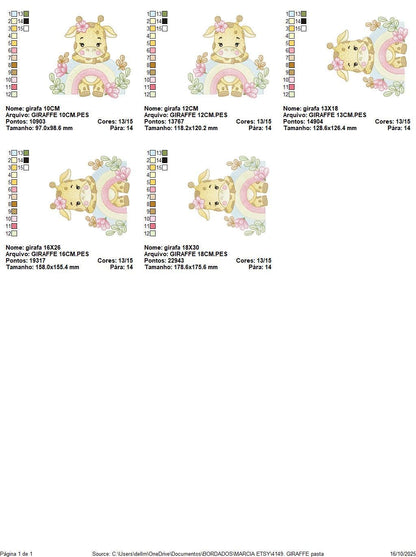 Giraffe embroidery designs - Safari wild animal machine embroidery pattern - Baby girl rainbow and flowers file - Instant download pes jef