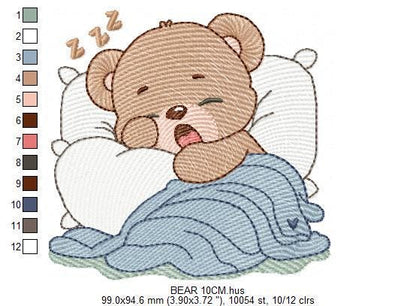 Sleeping Bear embroidery designs - Baby Boy Bear with pillow and blanket machine embroidery pattern - Instant digital download pes jef dst
