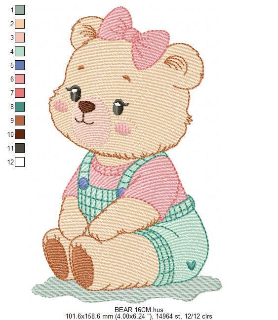 Female Bear embroidery designs - Baby girl bear with clothes machine embroidery pattern - Instant digital download pes jef dst hus xxx vp3