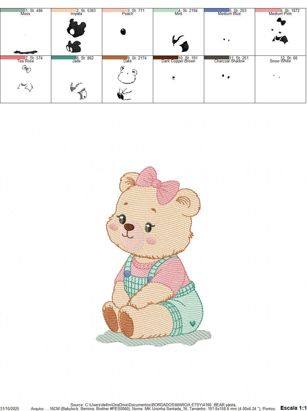 Female Bear embroidery designs - Baby girl bear with clothes machine embroidery pattern - Instant digital download pes jef dst hus xxx vp3