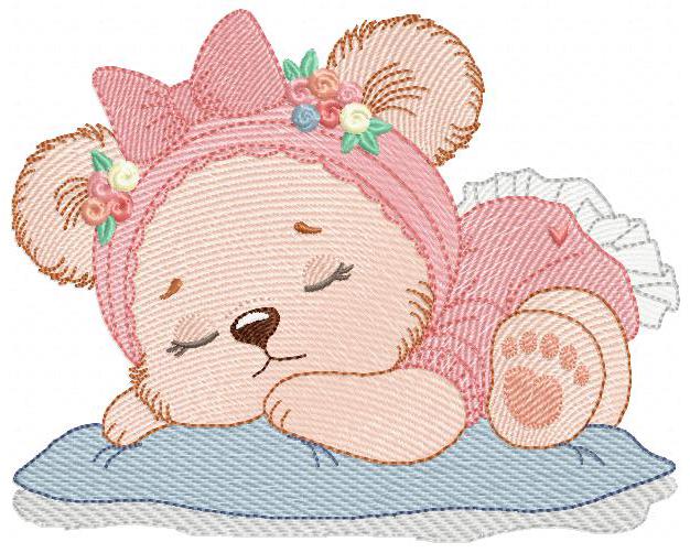 Sleeping Bear with pajamas embroidery designs - Baby Girl Bear with flowers machine embroidery pattern - Instant digital download pes jef