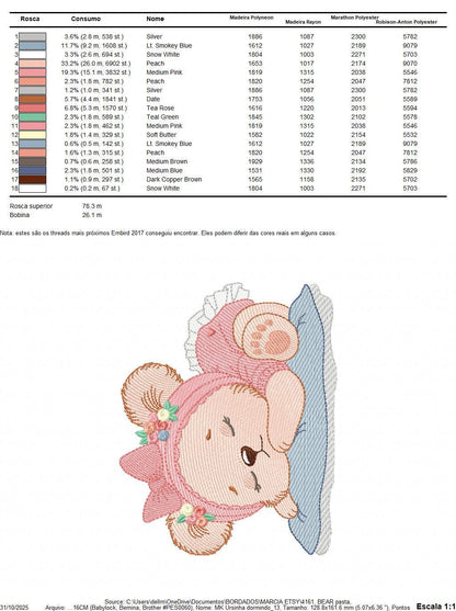 Sleeping Bear with pajamas embroidery designs - Baby Girl Bear with flowers machine embroidery pattern - Instant digital download pes jef