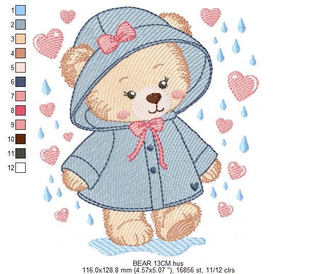 Female Bear embroidery designs - Baby girl bear with rain and raincoat machine embroidery pattern - Instant digital download pes jef dst hus