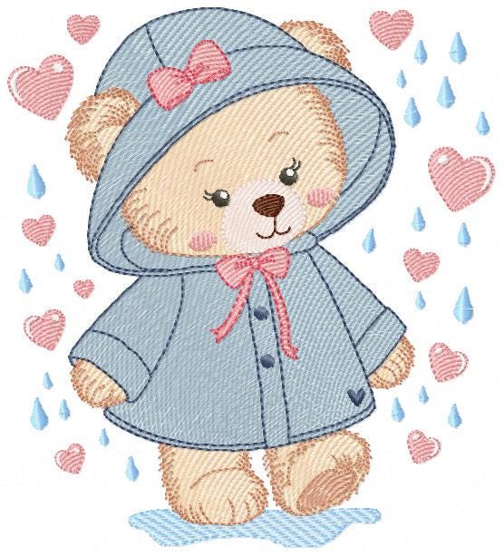 Female Bear embroidery designs - Baby girl bear with rain and raincoat machine embroidery pattern - Instant digital download pes jef dst hus