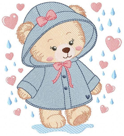 Female Bear embroidery designs - Baby girl bear with rain and raincoat machine embroidery pattern - Instant digital download pes jef dst hus