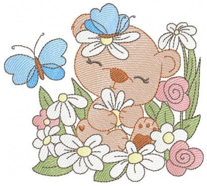 Bear with flowers and butterflies embroidery designs - Baby girl bear machine embroidery pattern - Instant digital download pes jef dst hus