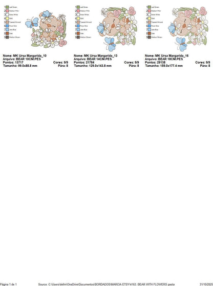 Bear with flowers and butterflies embroidery designs - Baby girl bear machine embroidery pattern - Instant digital download pes jef dst hus