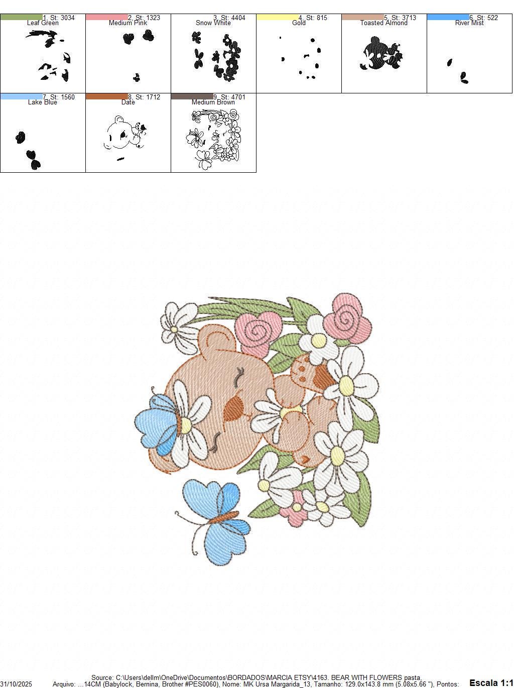 Bear with flowers and butterflies embroidery designs - Baby girl bear machine embroidery pattern - Instant digital download pes jef dst hus