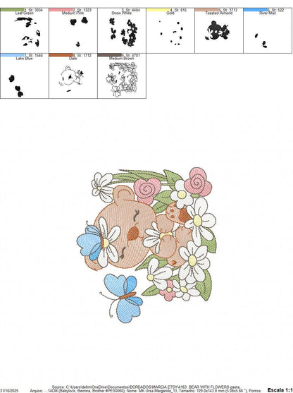 Bear with flowers and butterflies embroidery designs - Baby girl bear machine embroidery pattern - Instant digital download pes jef dst hus