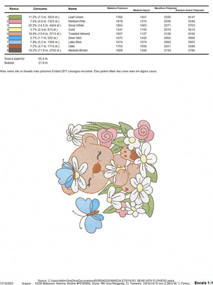 Bear with flowers and butterflies embroidery designs - Baby girl bear machine embroidery pattern - Instant digital download pes jef dst hus