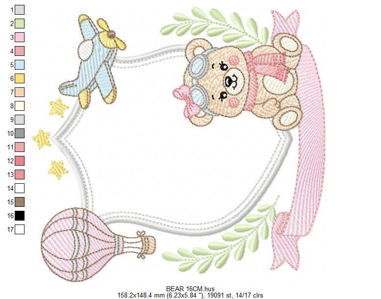 Pilot Bear embroidery designs - Baby Girl Aviator with frame machine embroidery pattern - Aviator Teddy Bear file - Instant digital download