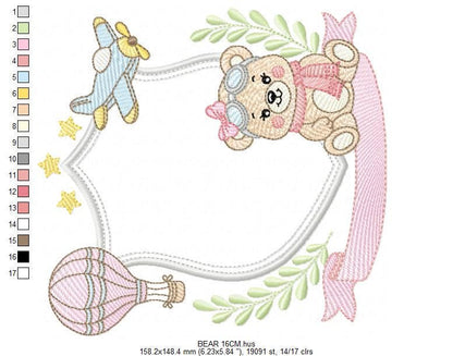 Pilot Bear embroidery designs - Baby Girl Aviator with frame machine embroidery pattern - Aviator Teddy Bear file - Instant digital download