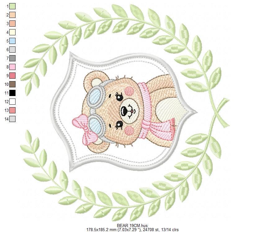 Pilot Bear embroidery designs - Baby Girl Aviator with laurel frame machine embroidery pattern - Teddy bear file - Instant digital download