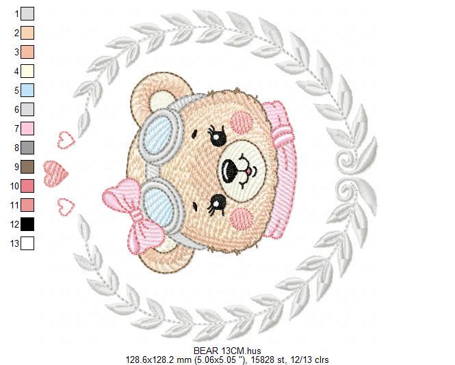 Pilot Bear embroidery designs - Baby Girl with laurel frame machine embroidery pattern - Aviator Teddy bear file - Instant digital download