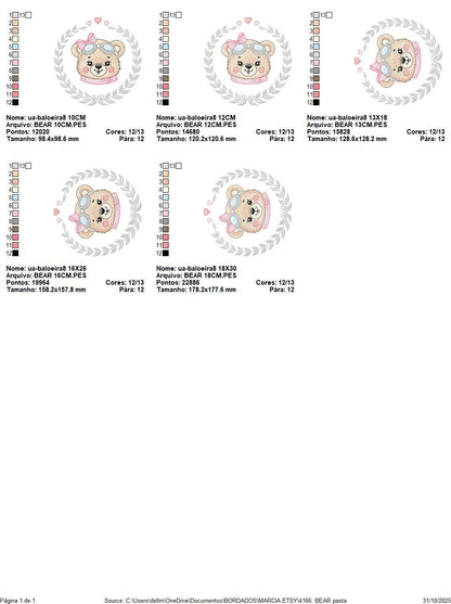 Pilot Bear embroidery designs - Baby Girl with laurel frame machine embroidery pattern - Aviator Teddy bear file - Instant digital download