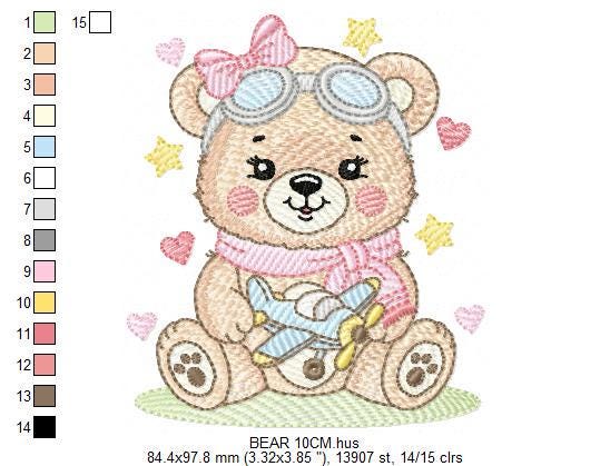Pilot Bear embroidery designs - Baby Girl with airplane machine embroidery pattern - Pink Aviator Teddy bear file - Instant download pes jef