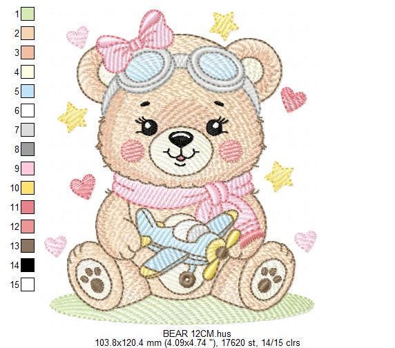 Pilot Bear embroidery designs - Baby Girl with airplane machine embroidery pattern - Pink Aviator Teddy bear file - Instant download pes jef