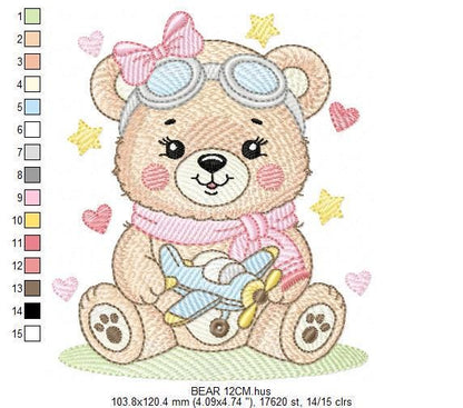 Pilot Bear embroidery designs - Baby Girl with airplane machine embroidery pattern - Pink Aviator Teddy bear file - Instant download pes jef