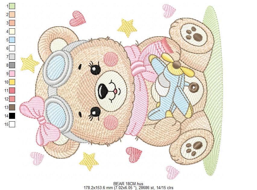 Pilot Bear embroidery designs - Baby Girl with airplane machine embroidery pattern - Pink Aviator Teddy bear file - Instant download pes jef