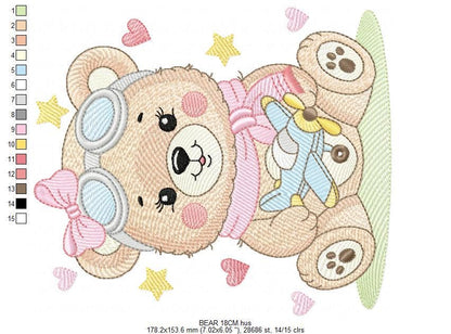 Pilot Bear embroidery designs - Baby Girl with airplane machine embroidery pattern - Pink Aviator Teddy bear file - Instant download pes jef